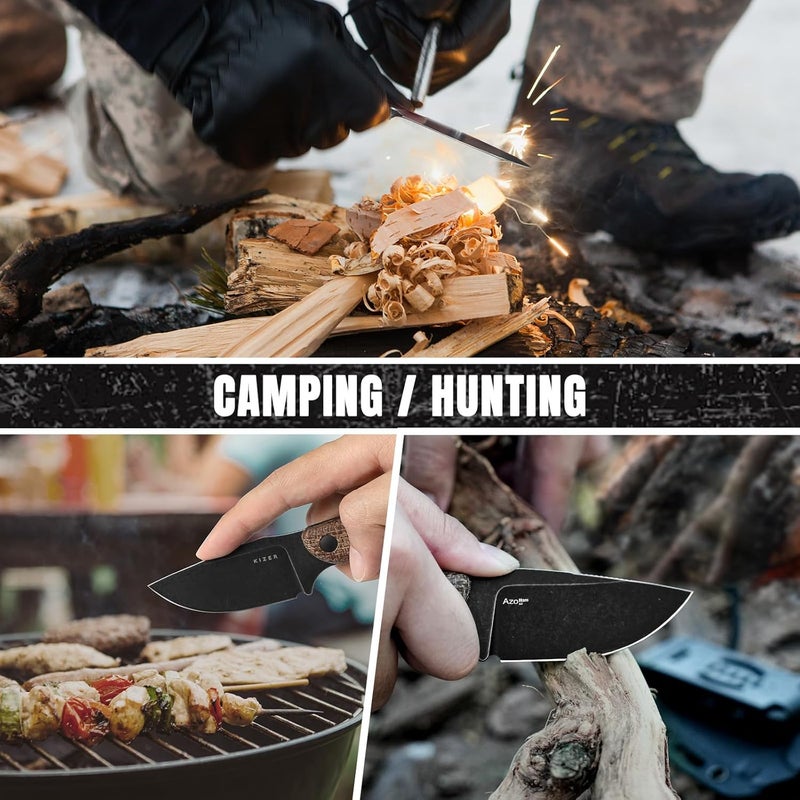 KIZER Hare Fixed Blade Knife with Sheath, 3.14" D2 Steel Blade EDC Hunting Knife with Burlap Micarta and Black G10 Handle, Small Survival Knives, Outdoor Camping Knives for Men Women 1077M3 - Image 2